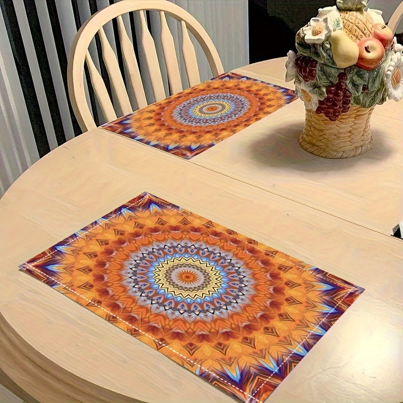 4 Mandala-style placemats with a Persian Bohemian design, heat resistant and washable, suitable for home and restaurant use.