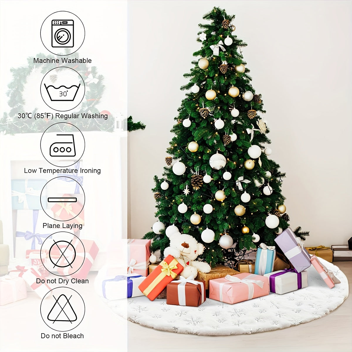 Add a touch of luxury to your Christmas décor with the Qicai Xiaolu Luxurious White Christmas Tree Skirt. Available in multiple sizes, this tree skirt features a beautiful golden/silver snowflake design and faux rabbit fur trim. Perfect for home