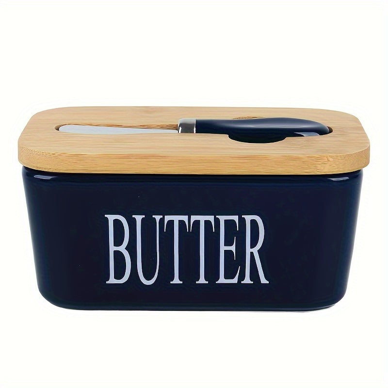 A complete set including a butter dish with a bamboo lid and butter knife, this large ceramic butter box is perfect for kitchen baking and gifting. It serves as an airtight butter keeper container for countertop or refrigerator storage. Ideal for home