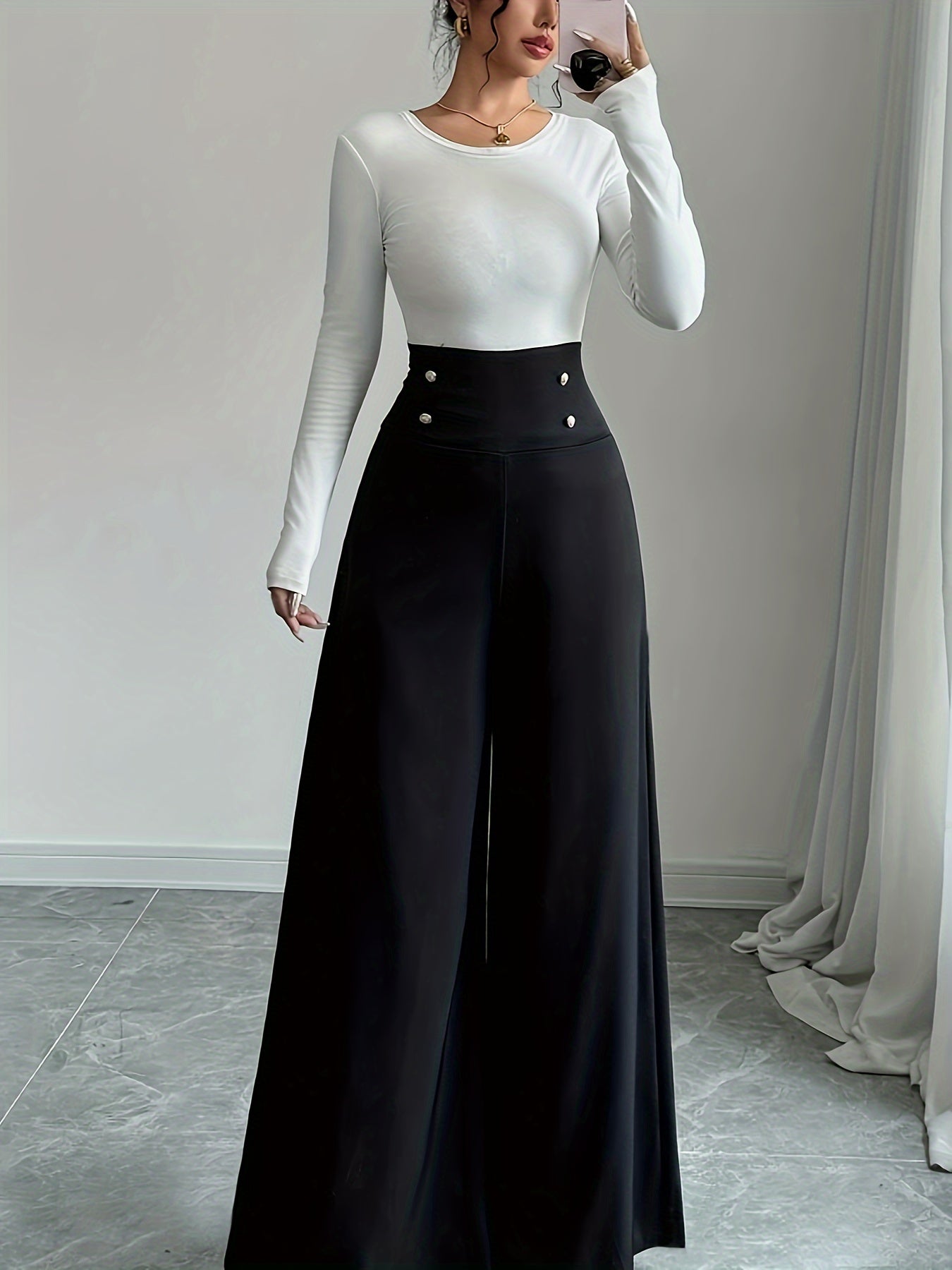 Black high-waisted wide leg pants with decorative buttons for spring & summer, machine washable & chic