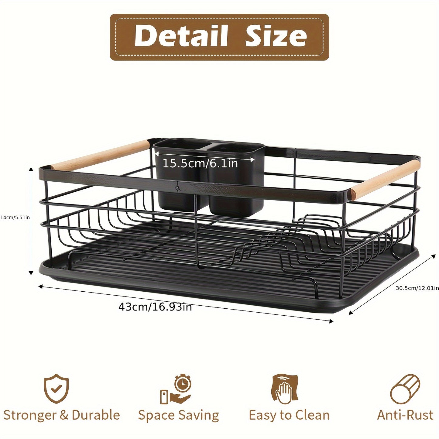 LDQ Single-Tier Dish Rack with Removable Cutlery Holder, Drip Tray, Wooden Handle, White, Large Capacity, Rustproof, Kitchen Counter Organizer