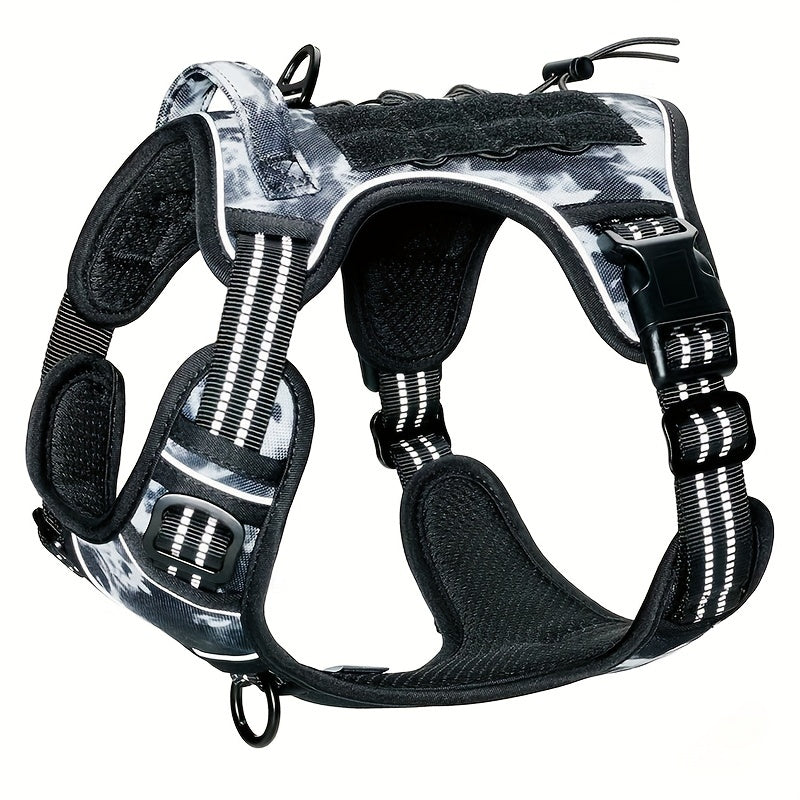 Reflective chest strap for medium to large dogs with adjustable vest and handle, suitable for bulldogs. Does not include battery.