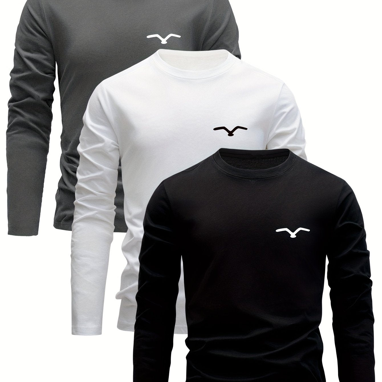 3-Pack Men's Casual Long Sleeve T-Shirts with Geometric Bird Embroidery, Round Neck, Stretch Fabric, Knit Craftsmanship - Ideal for Outdoor Activities, Autumn/Winter