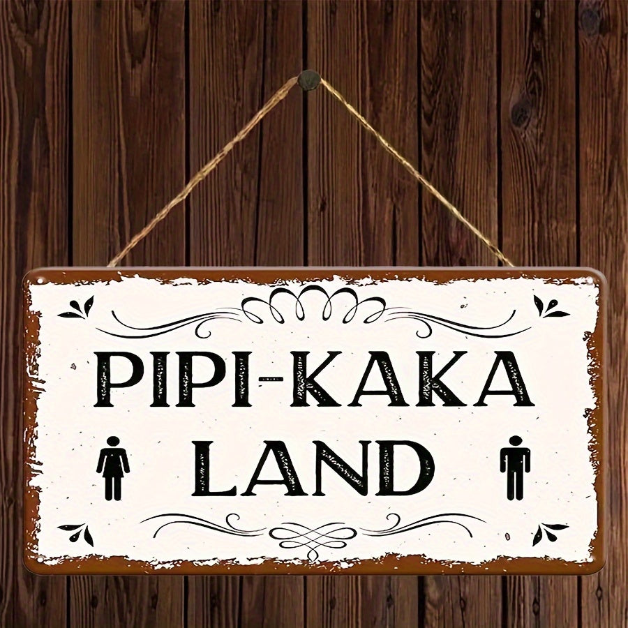 Vintage "Pipi-Kaka Land" bathroom sign: 8.5x19.5cm, rustic, waterproof, dustproof, with twine rope.