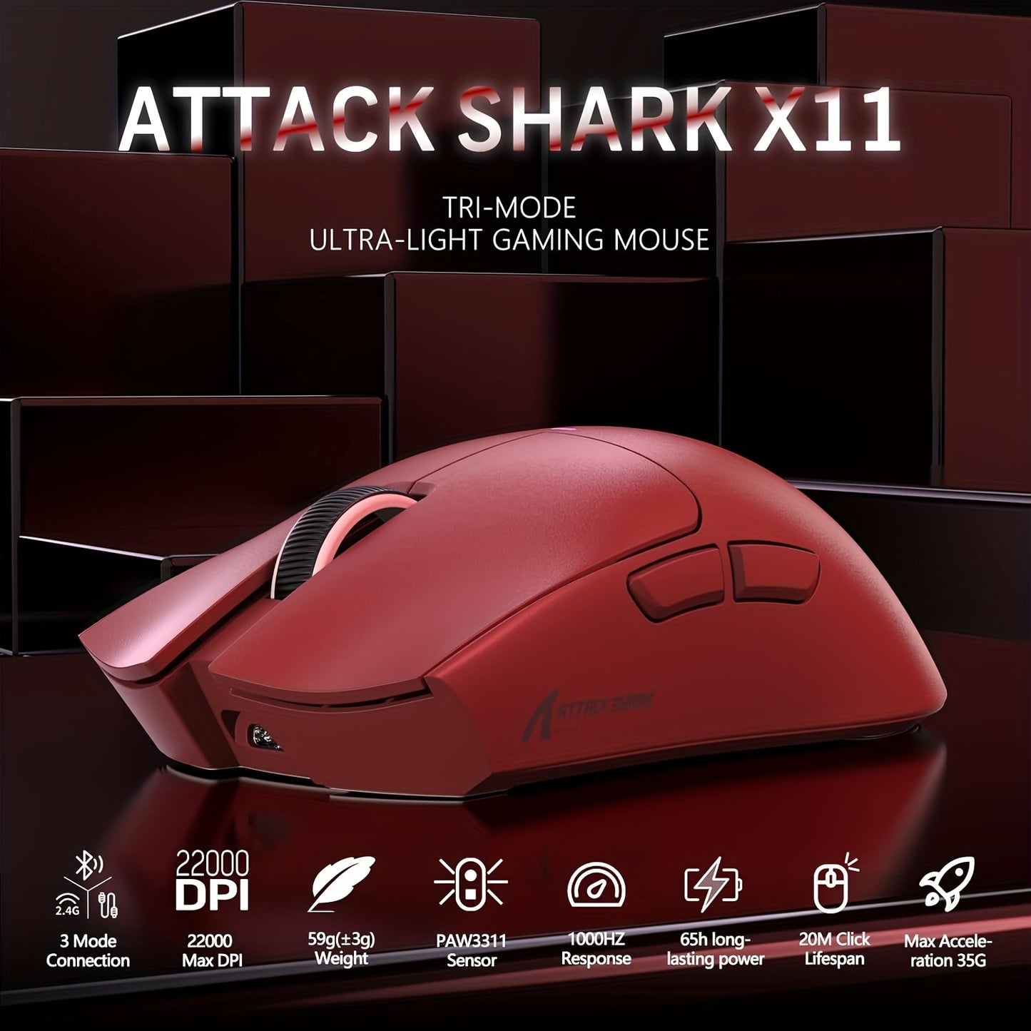 Attack Shark X11 59G Ultra-Light Wireless Gaming Mouse with Magnetic RGB Charging Dock, 22000 DPI, 5 Programmable Buttons for Pc/Laptop/Mac.