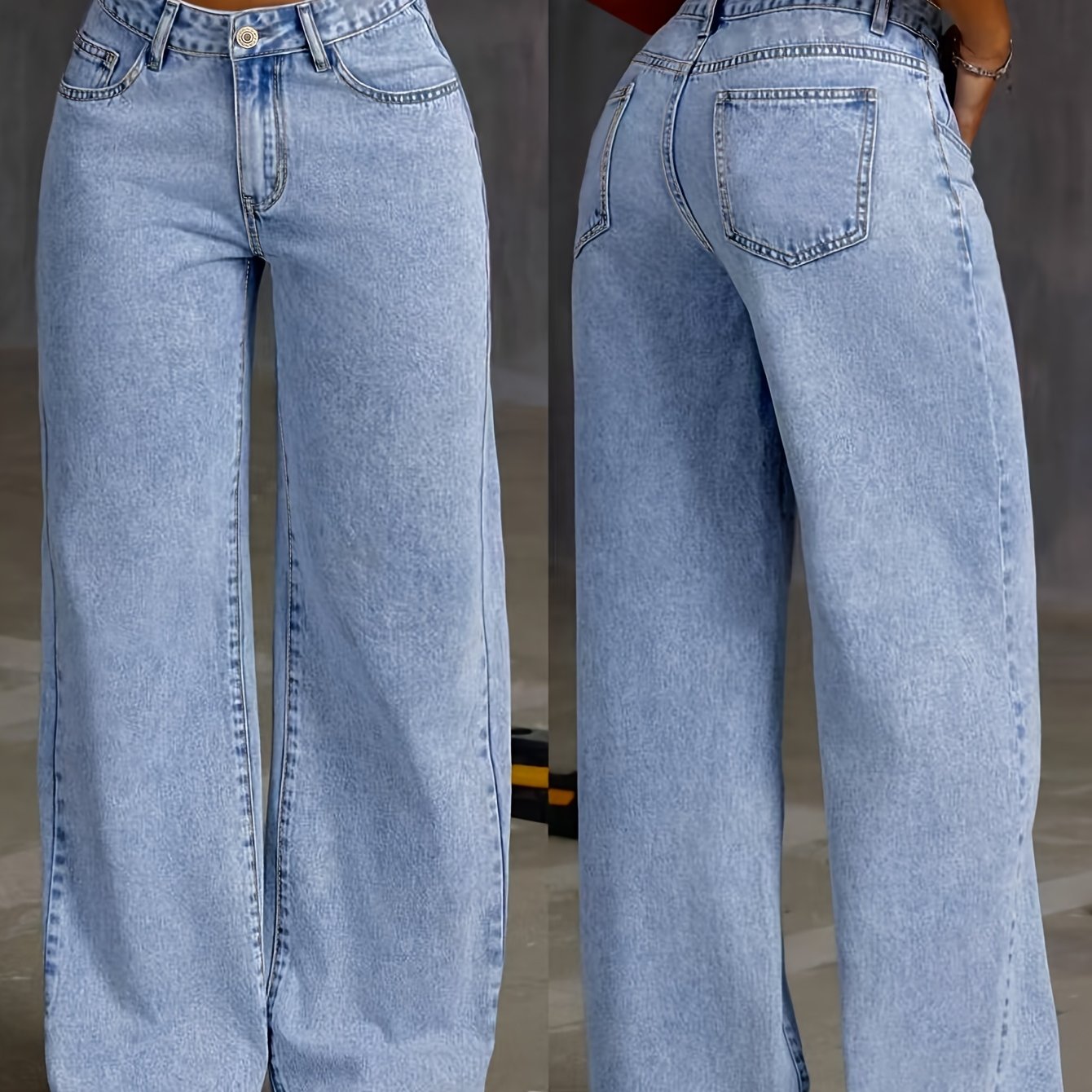 Women's high waist wide leg jeans with button fly, all-season solid color, slight stretch fabric. Made of 70% cotton, 27% polyester, 2% spandex. Features long length and washed finish.