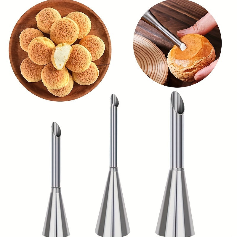 Professional Stainless Steel Long Cream Puff Nozzle Decor Set with 3 Pieces of Cream Icing Piping Nozzle Tips, Small Pastry Icing Piping Decorating Tools, Baking Supplies, and Kitchen Items