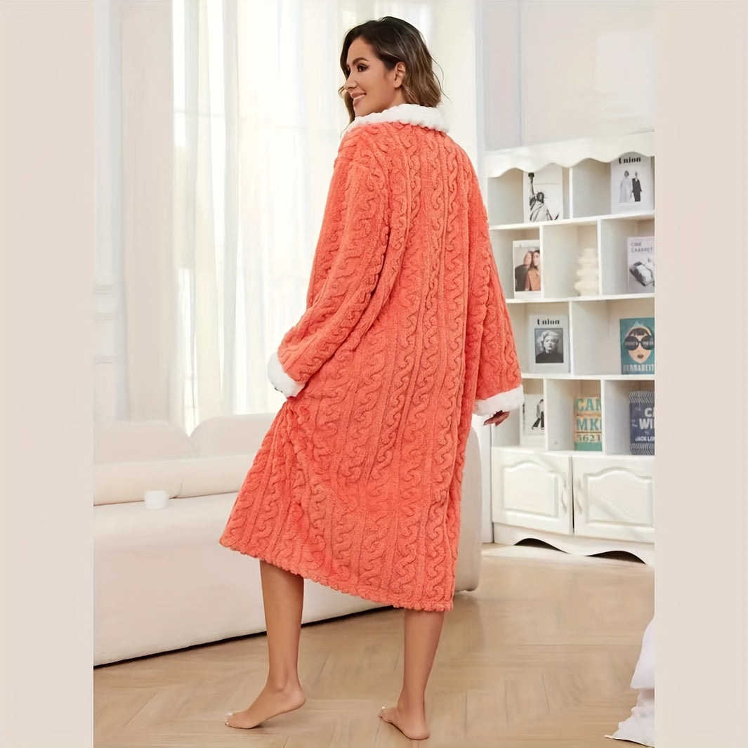 Soft and plush pink coral velvet women's bathrobe with contrast trim. Machine washable for cozy Autumn and Winter lounging.