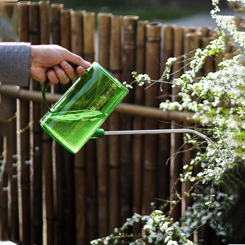 Stainless steel long spout watering can for household and garden use.