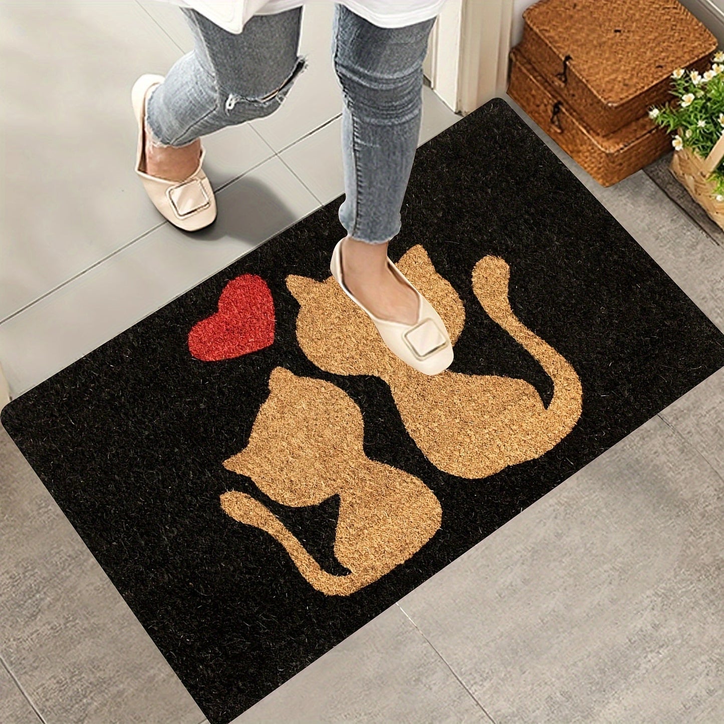 Whisker Wonders Cat Silhouette Doormat - Polyester Mat with Non-Slip Backing, Machine Washable, Indoor/Outdoor Rug with Heart Design for Front Door Entryway