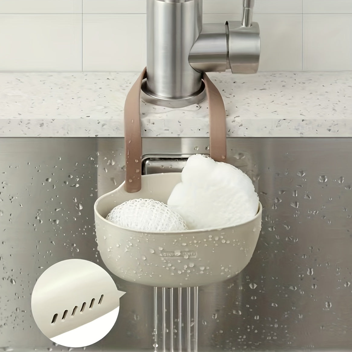 Sink storage supplies including a draining rack, hanging basket, and double draining hanging bag for organizing your home sink. Also includes a drying rack, soap sponge holder, washcloth organizer, and bathroom soap shelf. Perfect for keeping your