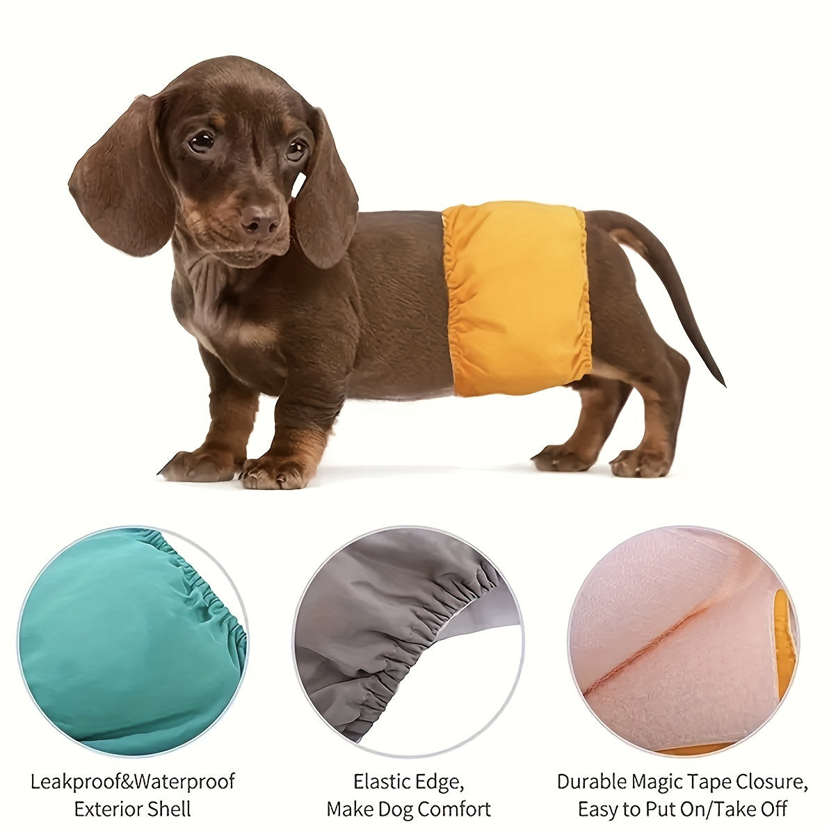 Washable and reusable dog belly band diapers for male dogs. Leakproof with magic tape closure for a comfortable fit. Made of durable blended material. Target species: Dogs.