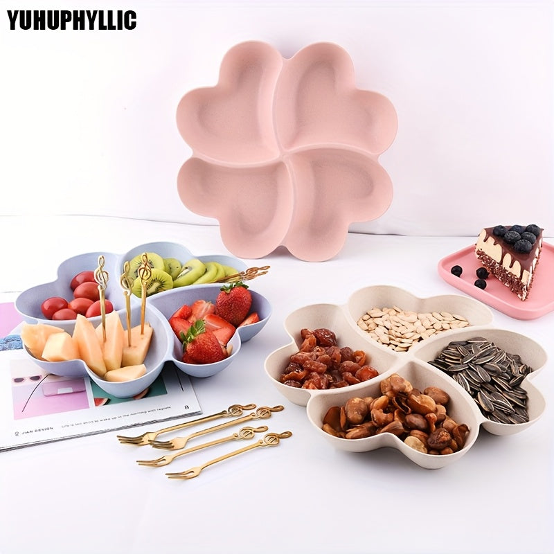 1-piece candy server with 4 compartments, heart-shaped fruit tray, 4-leaf clover snack tray, small household fruit basket.