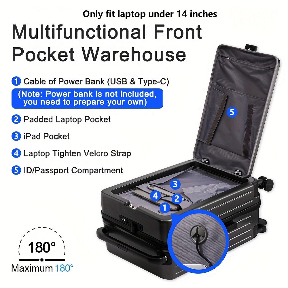 1pc Suitcase with front opening storage compartment, dry and wet separation compartment, unique wheel design, and travel password boarding feature.