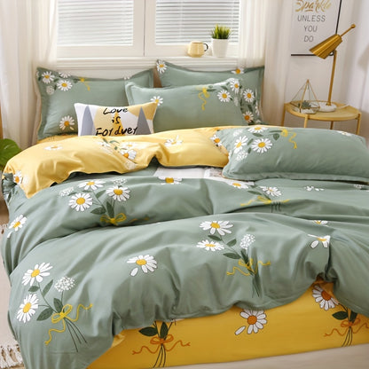 Fresh Daisy Print Duvet Cover Set includes 1 Flat Sheet, 1 Duvet Cover, and 2 Pillowcases. Soft, comfortable, and skin-friendly. Perfect for bedroom or guest room. No core included.