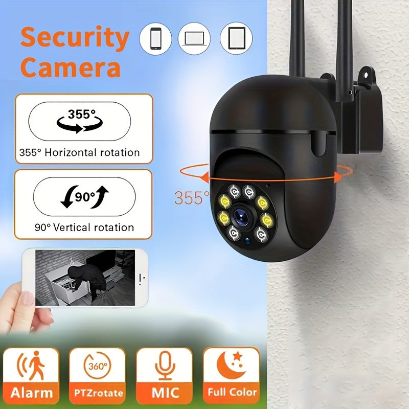 Color night vision camera with 1080p HD for indoor and outdoor use. Two-way audio security camera with pan/tilt/zoom capabilities and motion tracking, making it a smart home security solution.