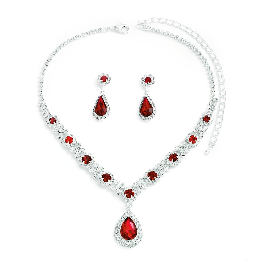 Vintage Elegant Jewelry Set: Stunning Synthetic Teardrop Rhinestone Necklace and Earrings in Silver Plated Copper. Featuring a Heart Theme and December Birthstone, this set is perfect for both Daily Wear and Party Occasions. Makes a romantic Valentine's