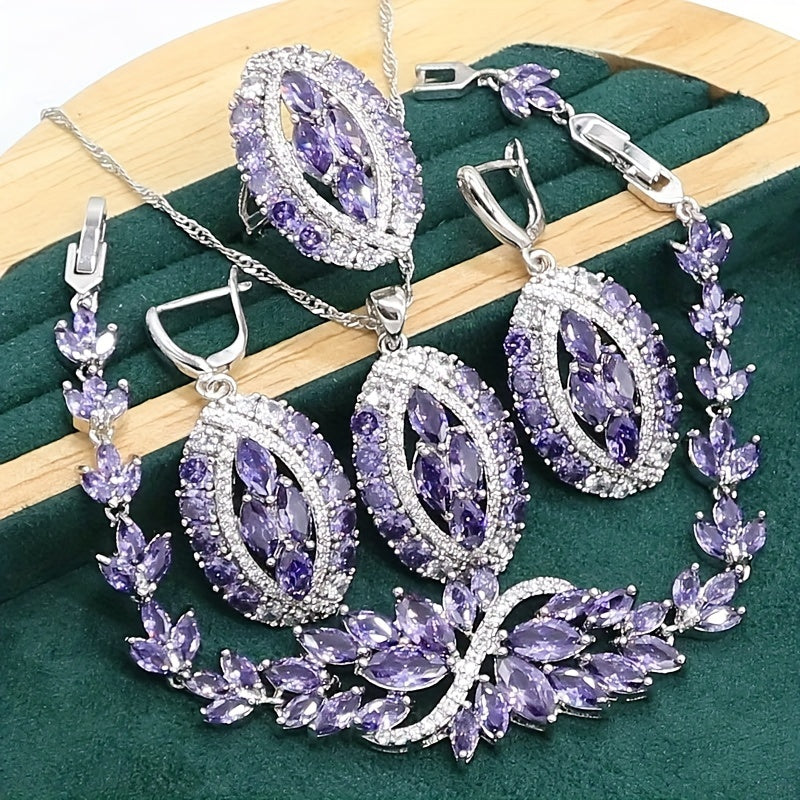 5-piece Jewelry Set for Women - Elegant White Gold Plating adorned with Purple Zirconia, featuring Earrings, Adjustable Ring, Necklace, and Bracelet - Ideal for Weddings and Everyday Chicness, Hypoallergenic