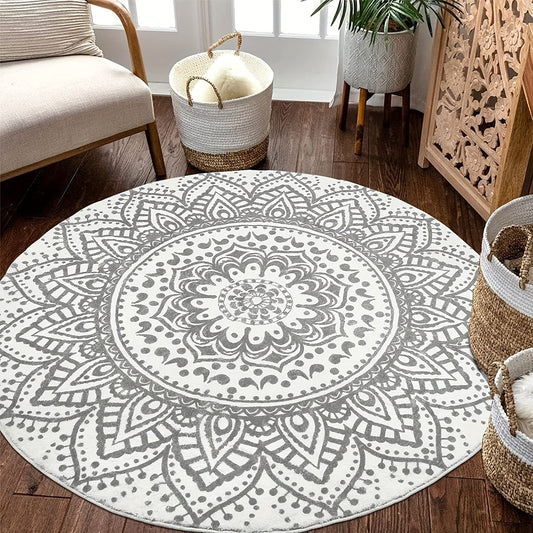 Soft Bohemian Flower Round Carpet Rug, Machine Washable Non-slip Indoor Carpet for Living Room, Bedroom, and Sofa. Perfect Home Decor Piece.