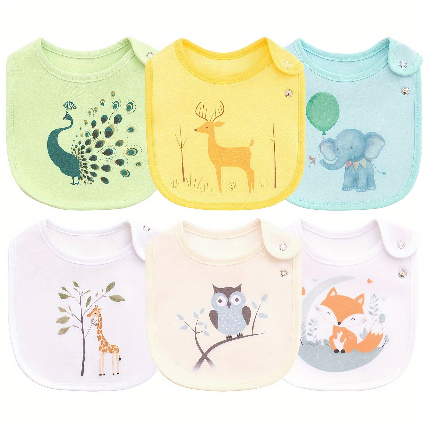 Set of 6 cartoon-themed adjustable snap waterproof feeding bibs for boys, girls, and babies, featuring designs for spring, summer, autumn, and winter seasons, perfect for eating and drooling.