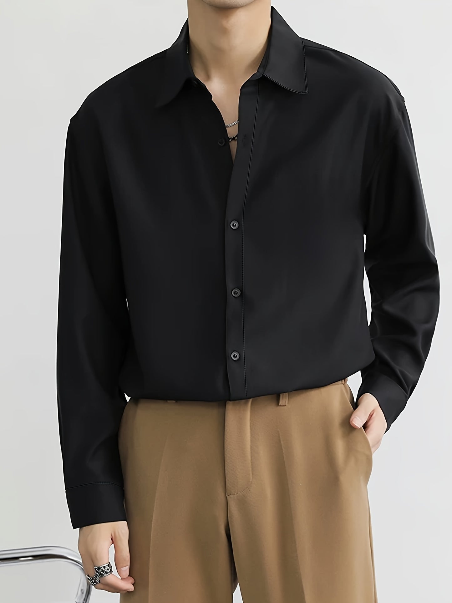 Men's premium casual long sleeve shirt for autumn and spring. Made of polyester, non-stretch, semi-sheer fabric in a solid color. Ideal for spring and fall seasons.