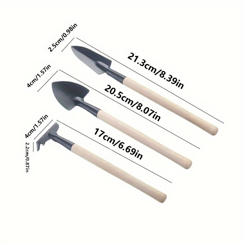 Three-piece set of mini gardening tools: multi-function shovel, harrow shovel, and household plant pine soil shovel.