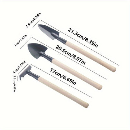 Three-piece set of mini gardening tools: multi-function shovel, harrow shovel, and household plant pine soil shovel.