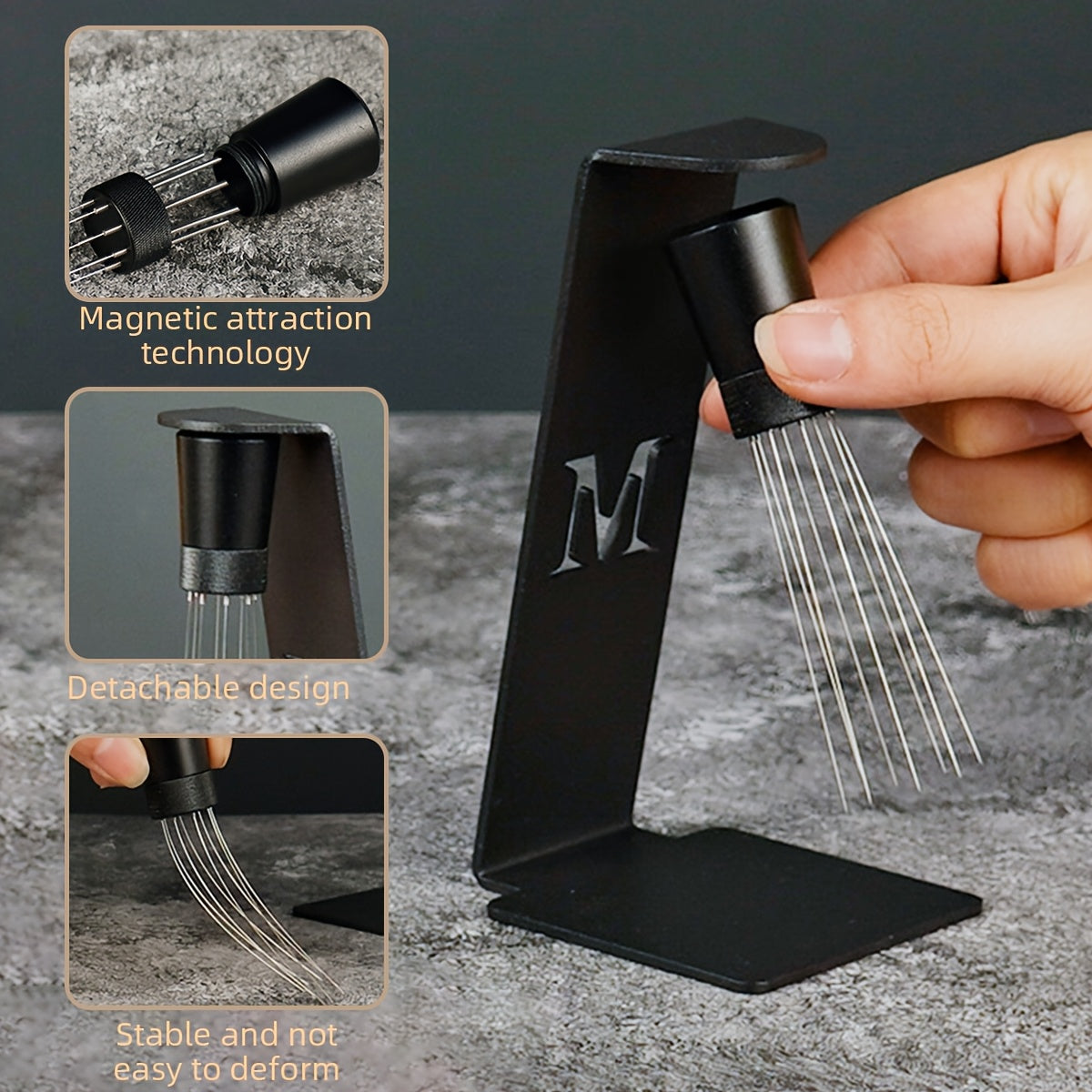 This espresso distribution tool comes with a metal stand and is made of stainless steel with a 0.4mm 8-pin coffee stirring needle. It has an adjustable range and is constructed from aluminum iron. It is safe for food contact, requires no electricity, and