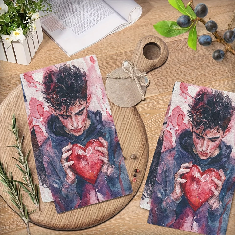 This set includes two ultra-soft kitchen towels, making them perfect for celebrating Valentine's Day. The highly absorbent dish and hand towels can be easily machine washed and measure 40.64x60.96 cm, making them ideal for holiday decoration.