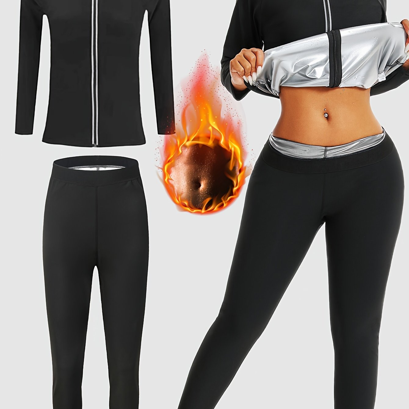 Women's sauna sweat suit set with long sleeve zip-up jacket and pants, high neck, stretchable fit, made of polyester spandex, machine washable. Ideal for enhanced sweating during yoga and