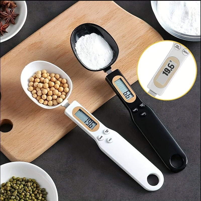 Digital kitchen scale with precision measuring spoon for home cooking and baking, battery powered.