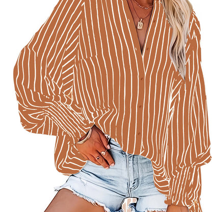 Striped V-Neck Blouse in Red & White, Plus Size with Button Accents and Long Puff Sleeves in Lightweight Polyester Fabric for Spring/Fall. Durable and stylish casualwear for ladies.