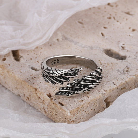 Adjustable Feather Wing Ring for Women - 925 Sterling Silver Boho-Chic Jewelry, Ideal for Everyday Wear and Vacation Style