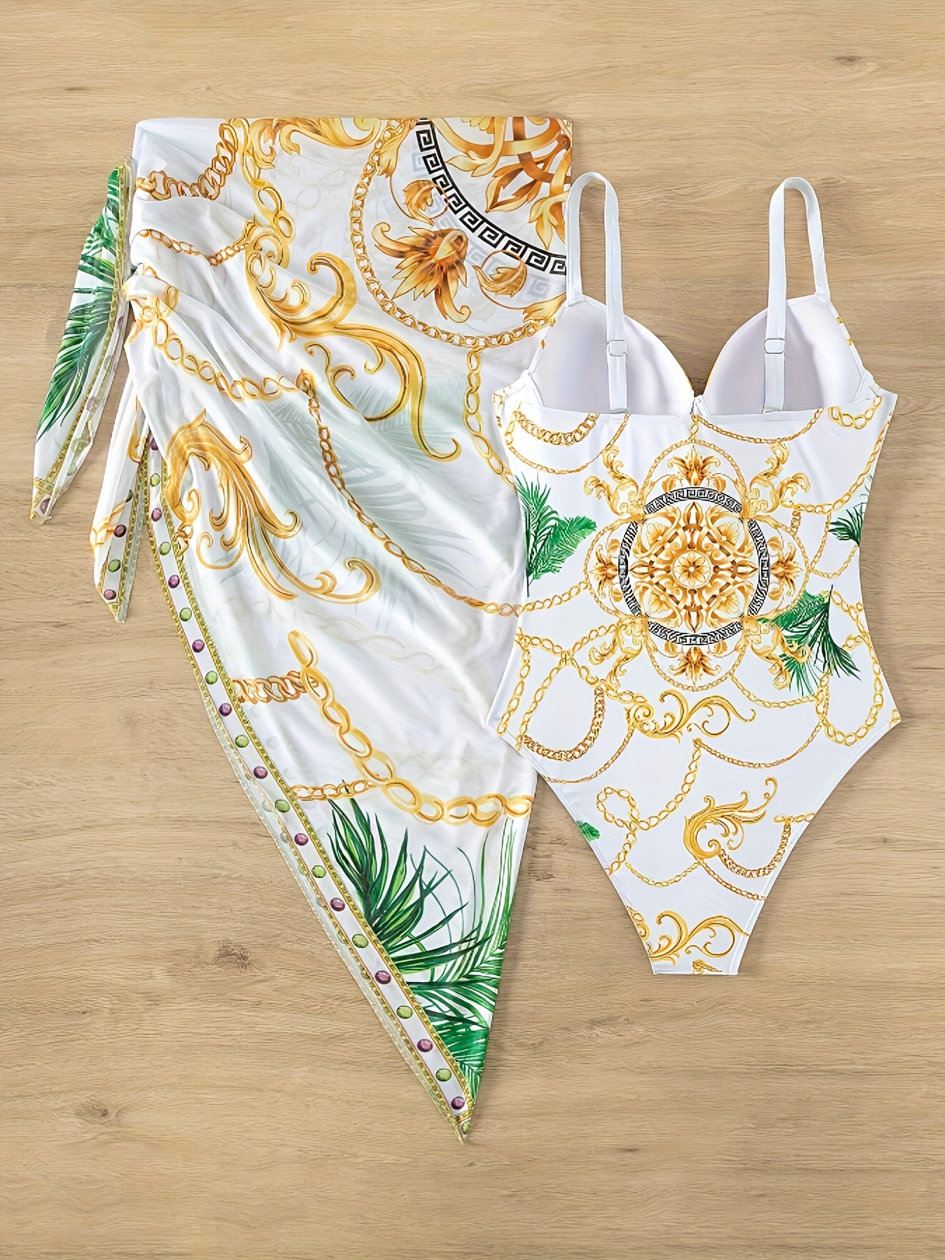 Elegant 2 Piece Swimsuits with Chain Print and V Neck, Includes Push Up One-piece Bathing-suit with Spaghetti Straps and Cover Up Skirt. Ideal for Women's Swimwear collection.