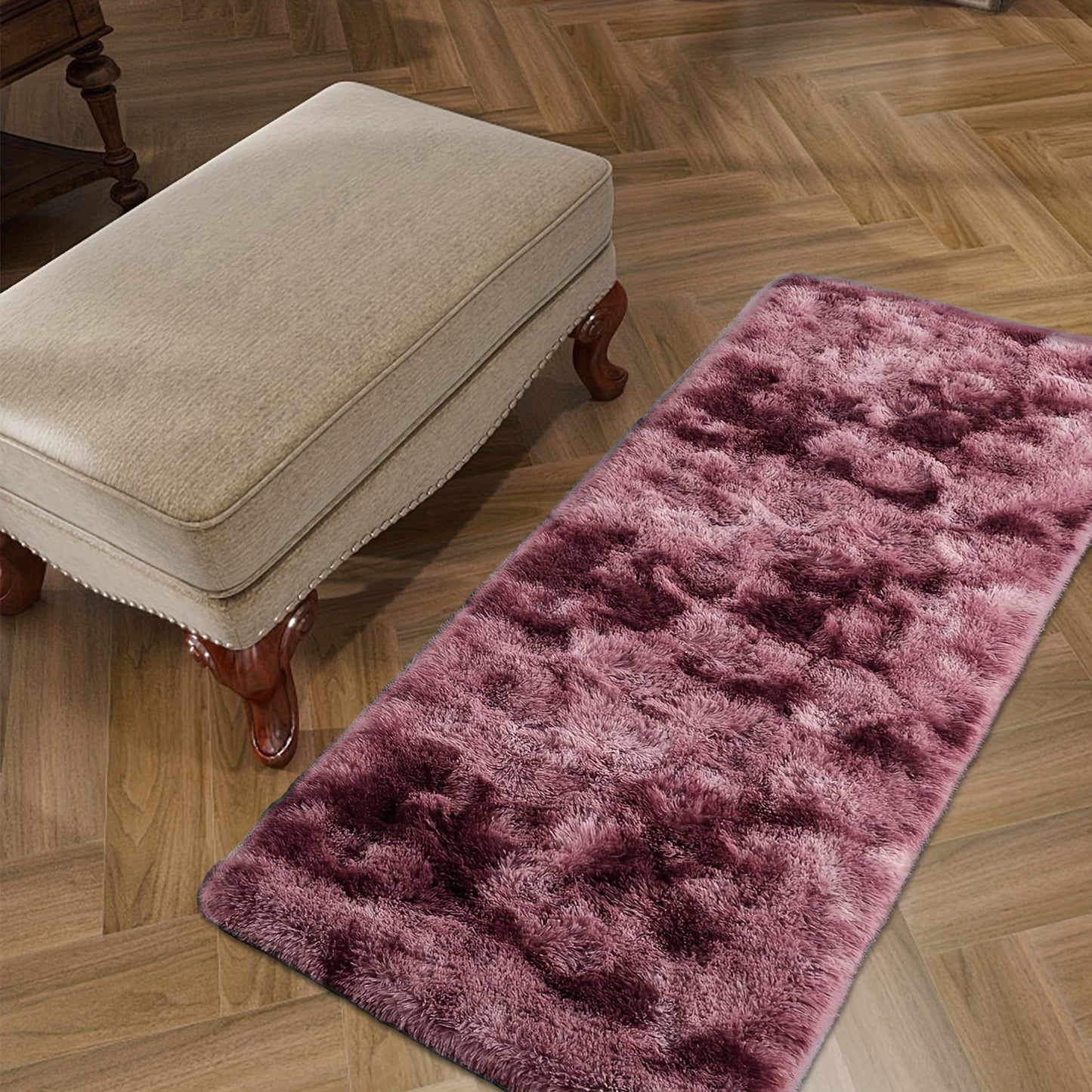 Soft and luxurious long plush silk fleece rectangular carpet rug, featuring a Nordic style design with a tie-dye gradient color scheme. The non-slip bottom ensures safety, while the soft and comfortable shaggy carpet is non-shedding. This stylish machine