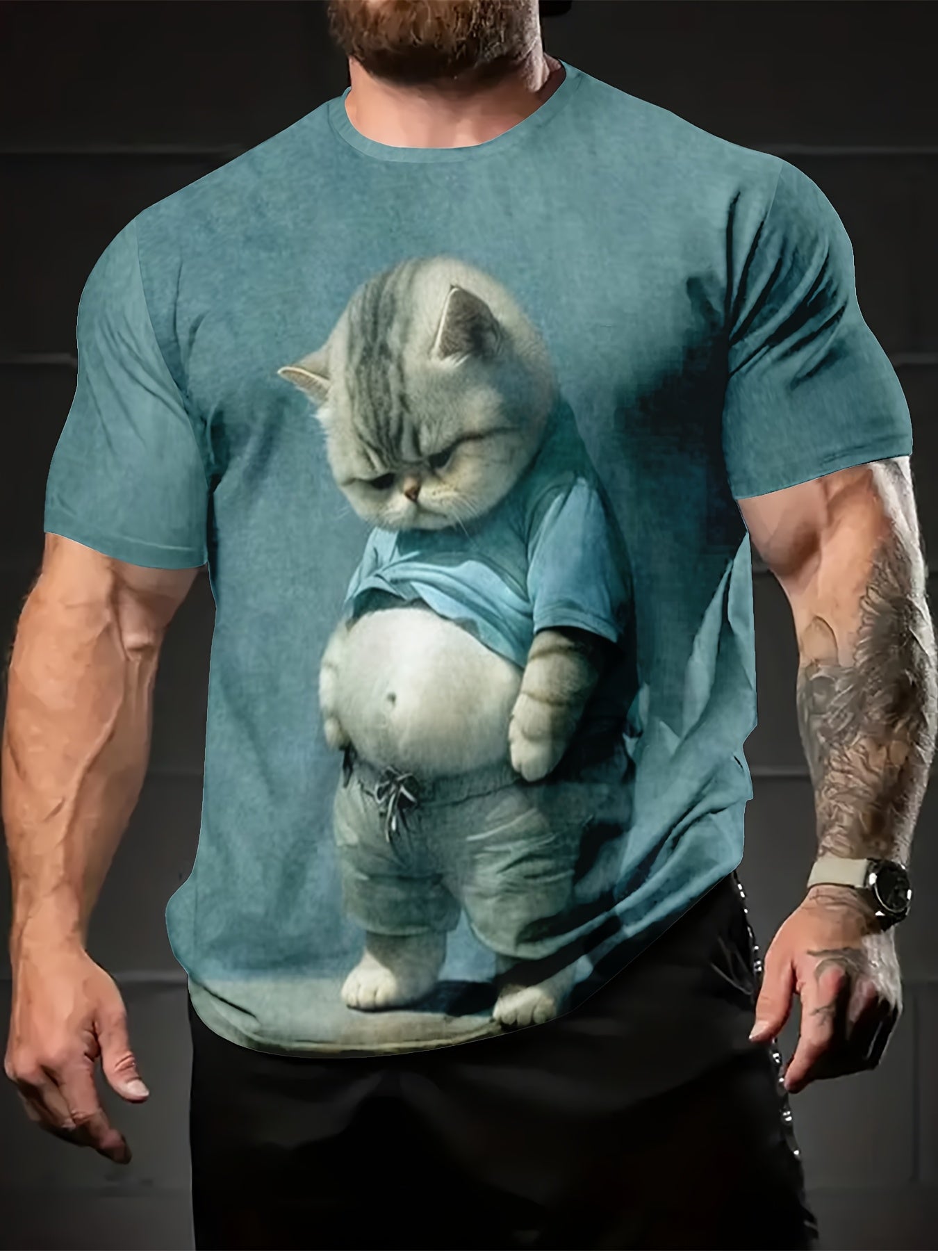 Men's Novelty 3D Cat Print T-Shirt, Polyester Crew Neck Short Sleeve Tee.