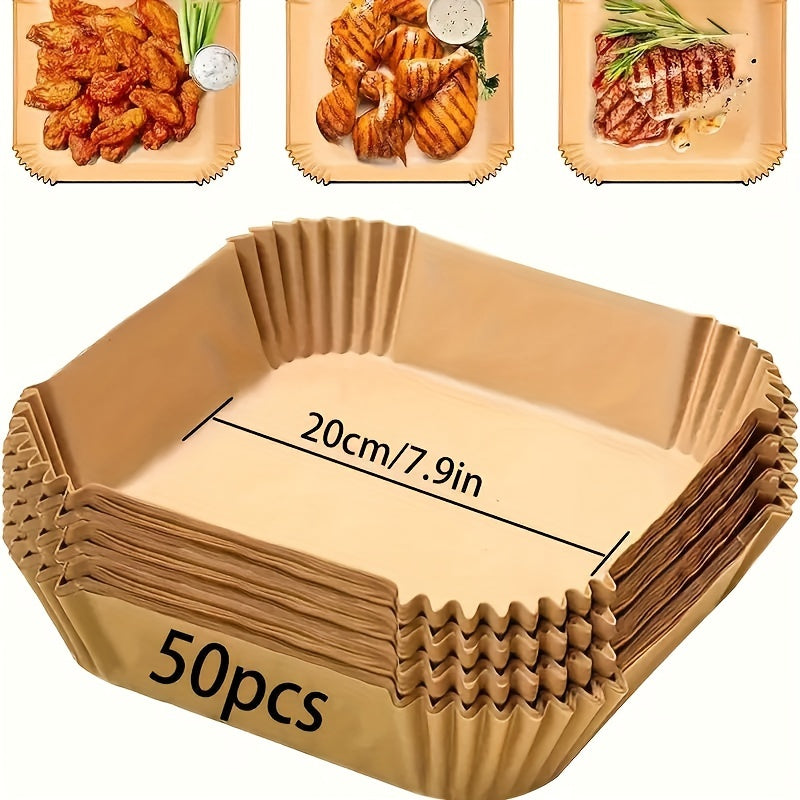 50 pieces of air fryer paper liners: square and round parchment paper designed for use with 5-8QT fryers. These liners are oil and water resistant, making them perfect for baking, roasting, and microwaving. They are also suitable for Easter celebrations.