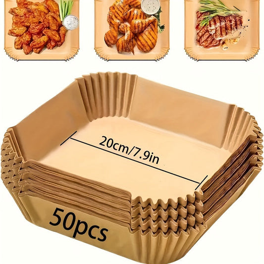 50 pieces of air fryer paper liners: square and round parchment paper designed for use with 5-8QT fryers. These liners are oil and water resistant, making them perfect for baking, roasting, and microwaving. They are also suitable for Easter celebrations.