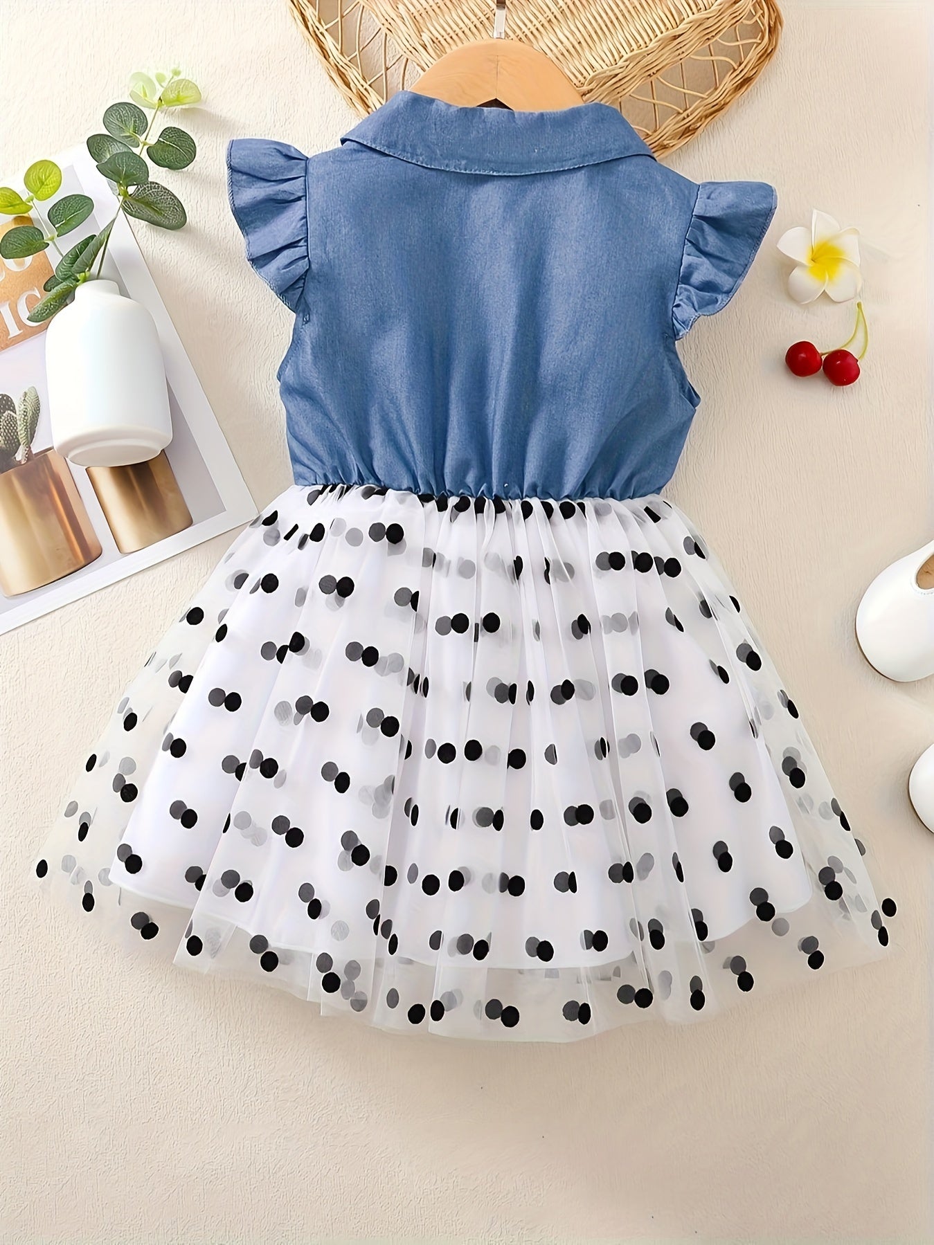 BrownBark 100% Cotton Girls Imitation Denim Print Dress with Polka Dots Mesh, Buttons, and Bow for Summer Party