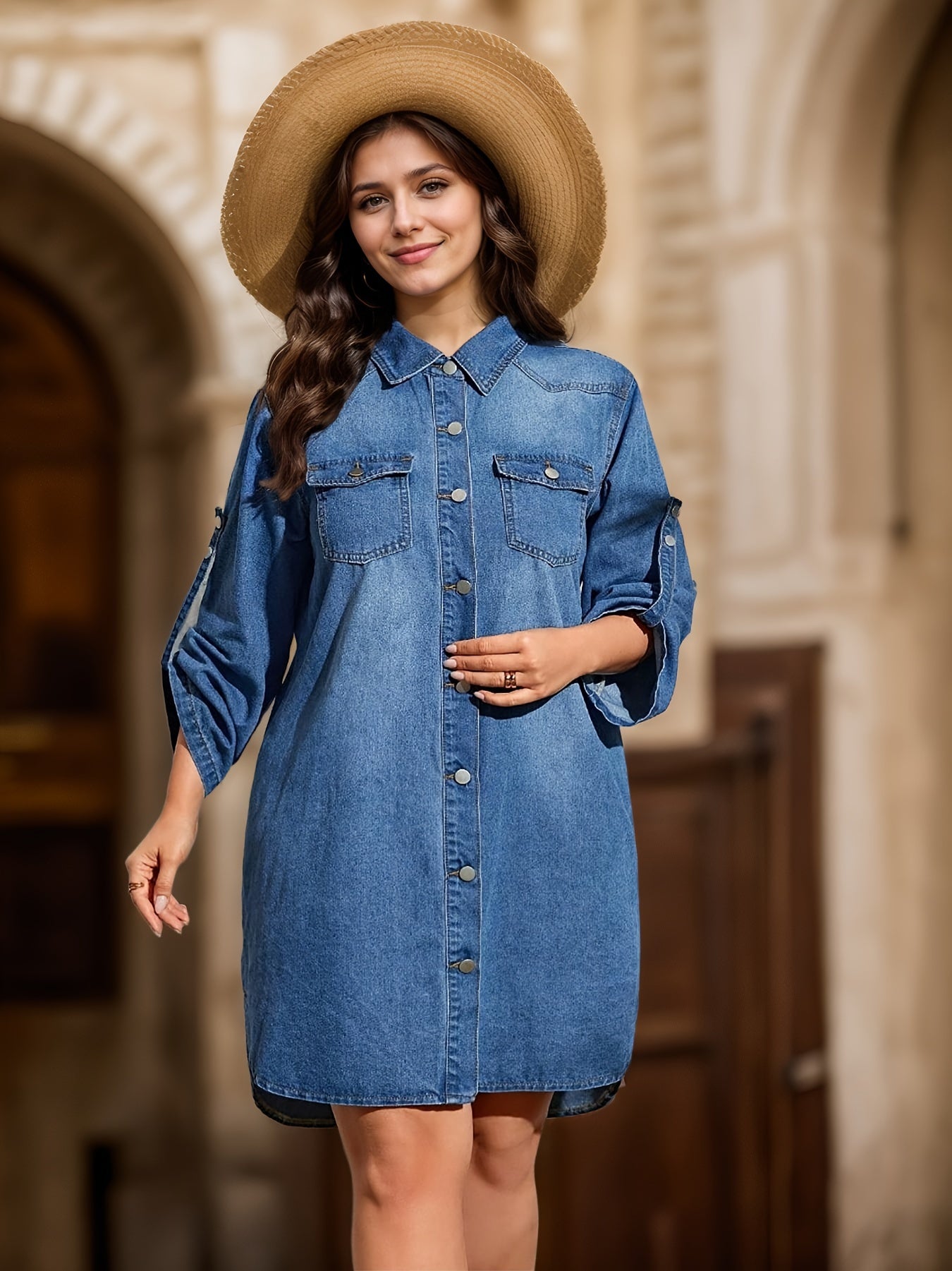 Ruffle hem denim dress with vintage style, long sleeves, and button-up design for women, machine washable.