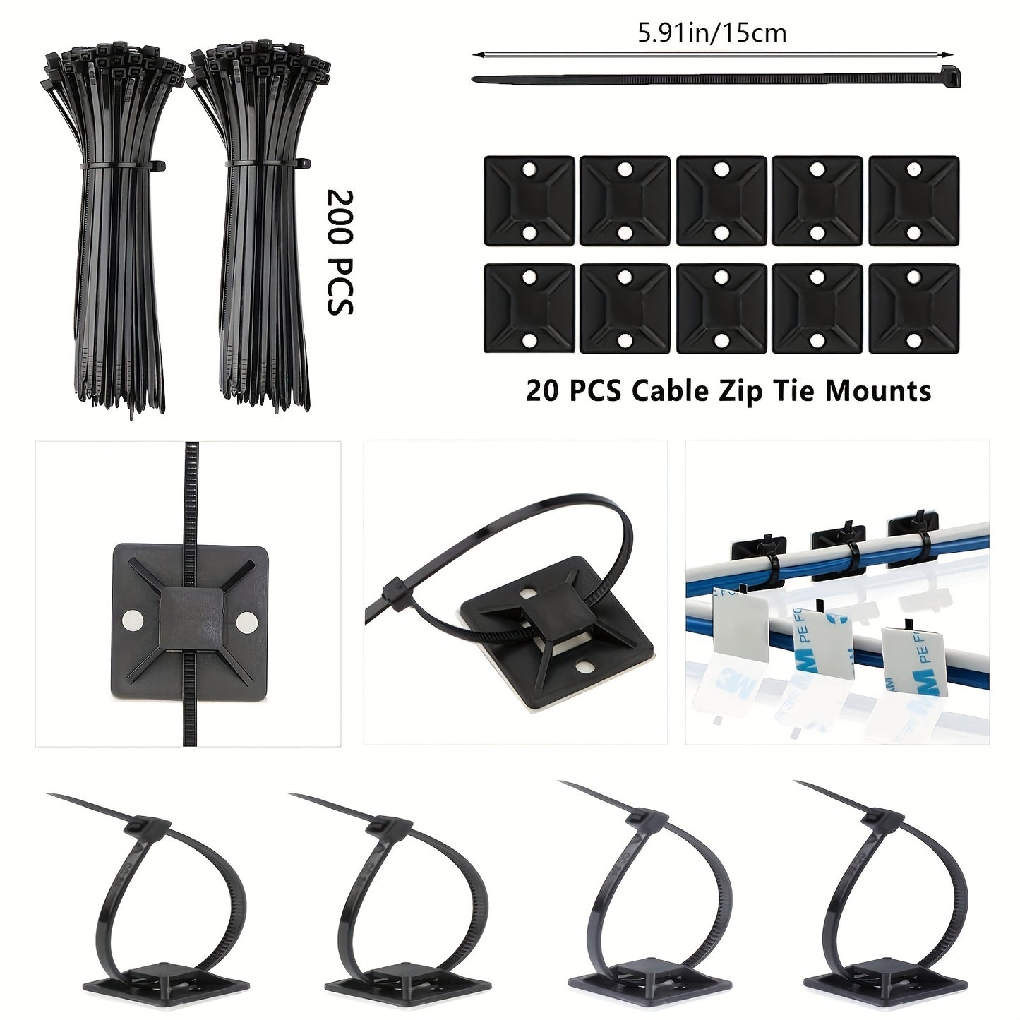 302 piece cable management kit includes cable sleeves, clips, holders, organizer straps, fastening ties, zip tie mounts for under desk organization in black.