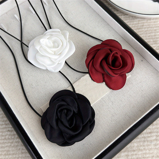 Set of 3 Stylish Fabric Rose Flower Necklaces - Perfect for Women's Parties and Everyday Wear, Can be Worn in Multiple Ways