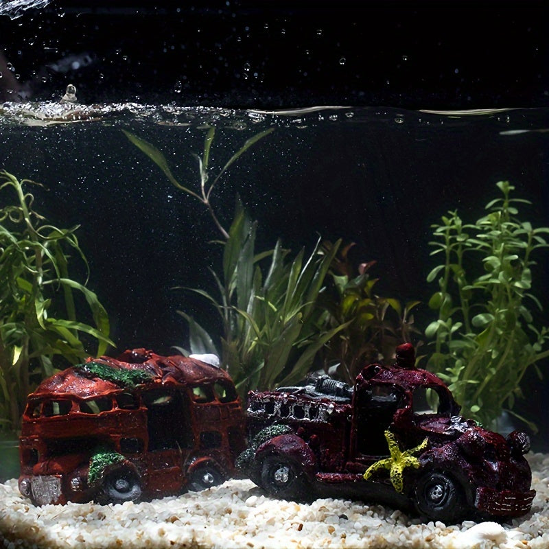 Aquarium decoration of old car bus hideaway ornament crafted from resin.