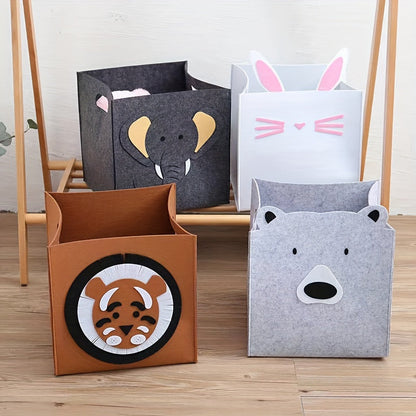 One set of adorable felt folding storage baskets featuring a charming elephant and tiger cartoon design. Perfect for organizing toys, dirty laundry, or other household items, these baskets offer a large capacity and can be used in the car or throughout