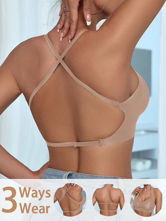 Seamless halter bra with cross straps, wireless design for comfort, and push-up feature for sexy look. Perfect for women's lingerie and underwear.