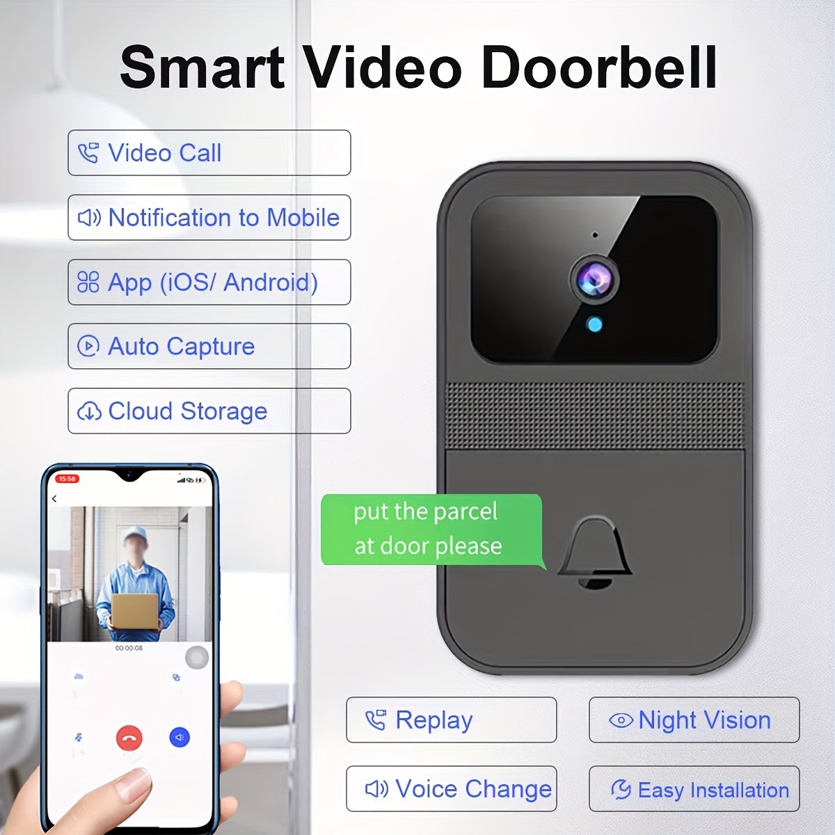 Wireless video doorbell with night vision, video call, auto capture, cloud storage, voice change, and easy installation.