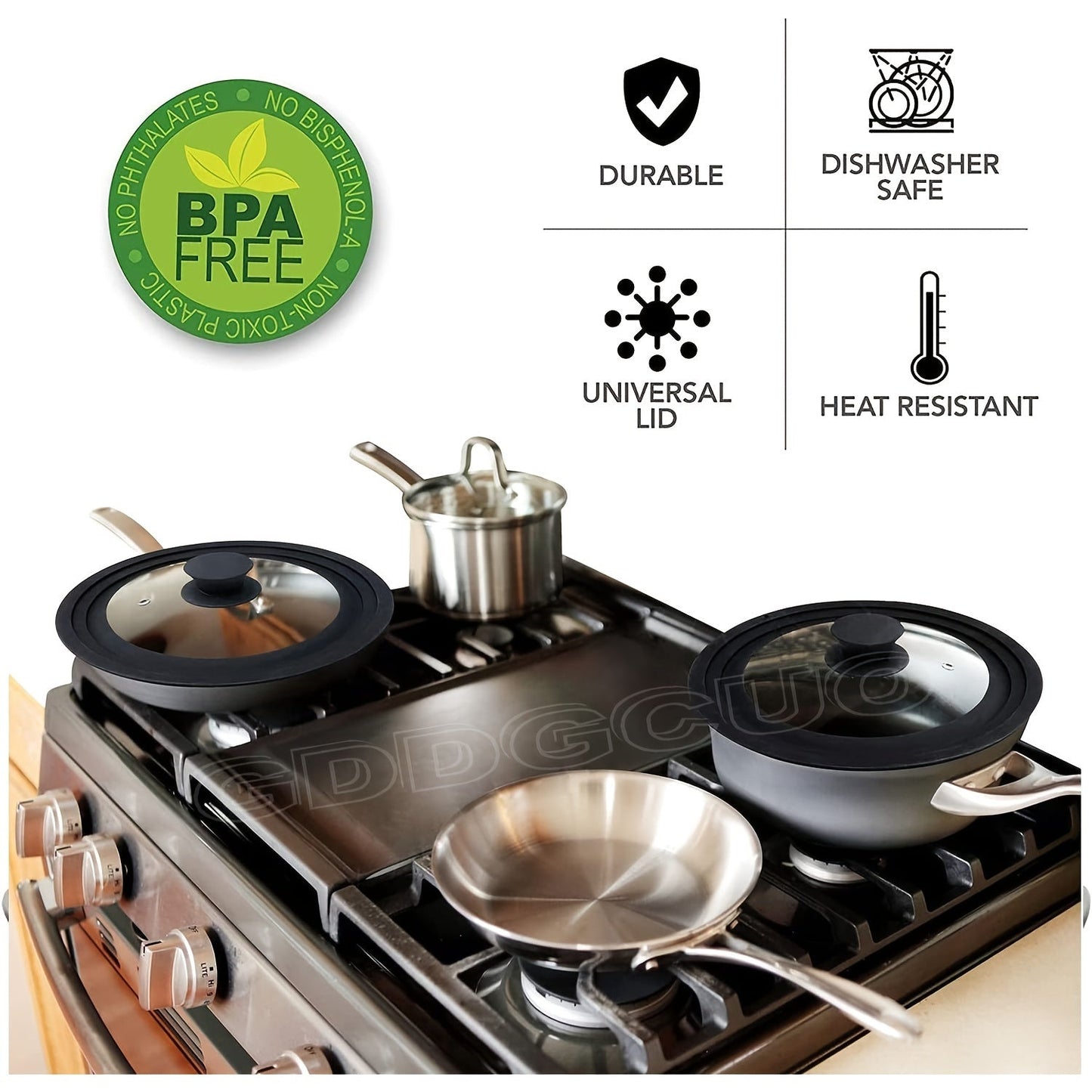 Cover any pot, pan, or frying pan with the 1pc Universal Cover. Made of tempered glass with a heat-resistant silicone edge, this cover fits cookware with a diameter ranging from 9.5" to 12.5".