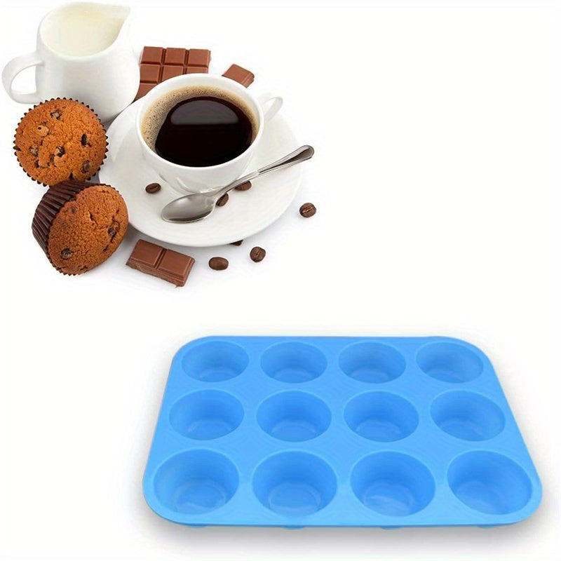 One piece of nonstick BPA free cupcake pan made from silicone, featuring 12 cups and measuring 32.51cm x 24.38cm. This regular size silicone mold is perfect for baking and a must-have kitchen gadget and accessory.