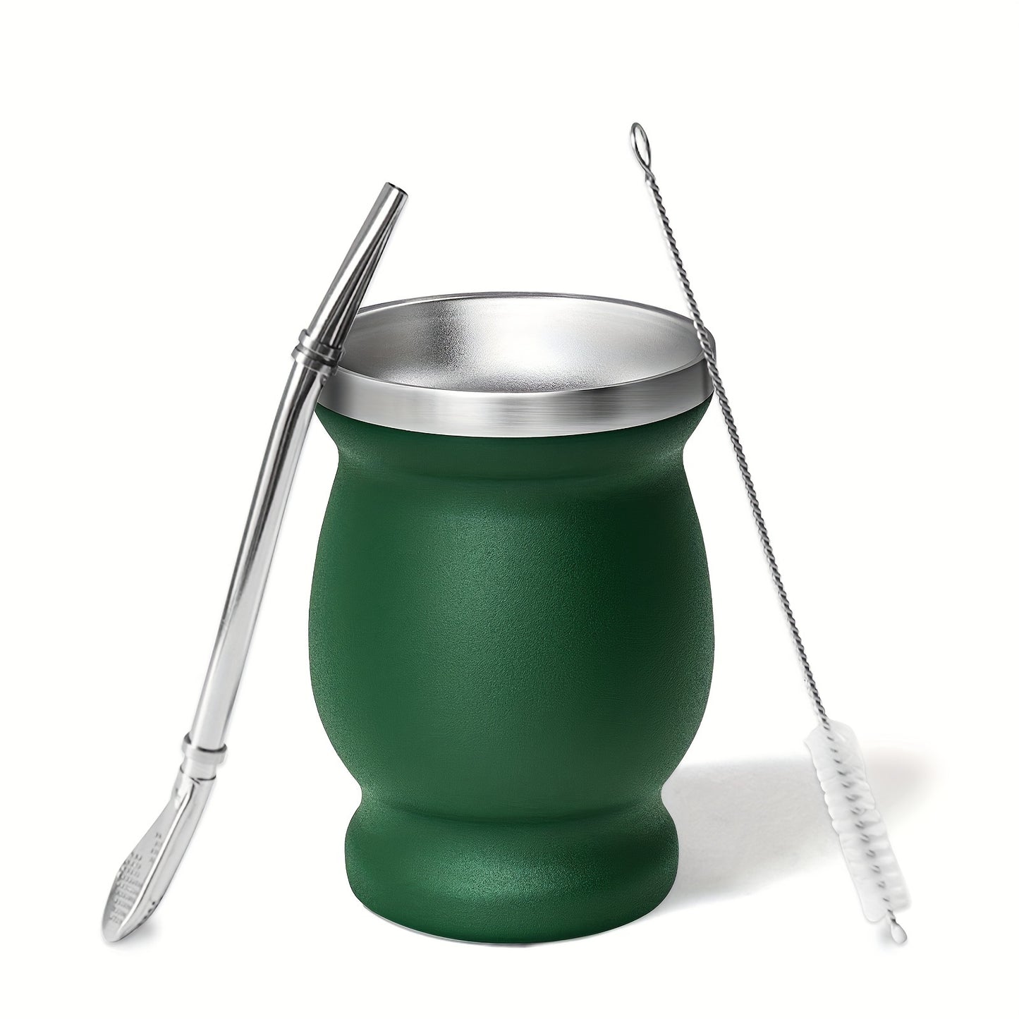 8oz stainless steel Yerba Mate cup and bombilla set, includes brush and straw. Perfect for enjoying Yerba Mate at home or on the go. Ideal birthday gift.