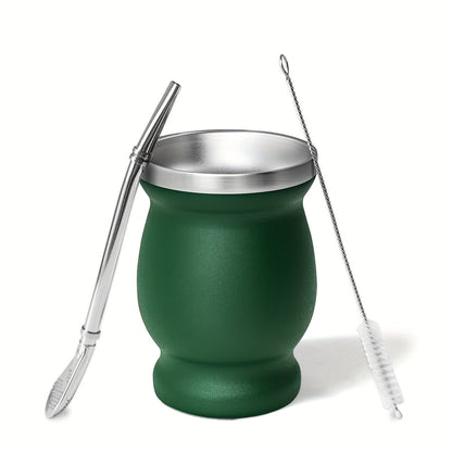 8oz stainless steel Yerba Mate cup and bombilla set, includes brush and straw. Perfect for enjoying Yerba Mate at home or on the go. Ideal birthday gift.